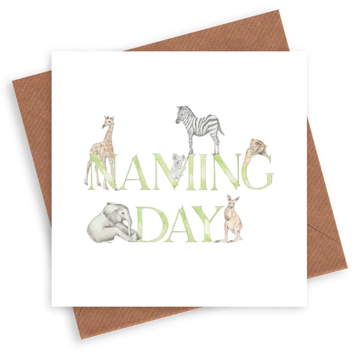 Naming Day card with watercolor safari animals and green lettering on a white background