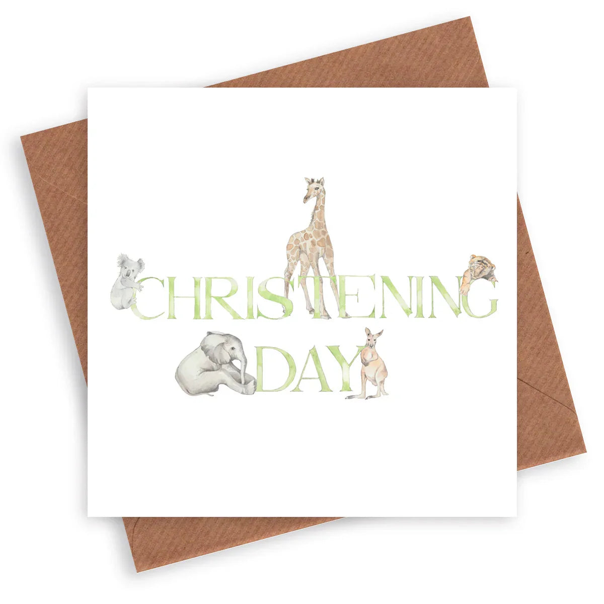 Christening Day card with cute watercolor animals, including giraffe, elephant, koala, and kangaroo.