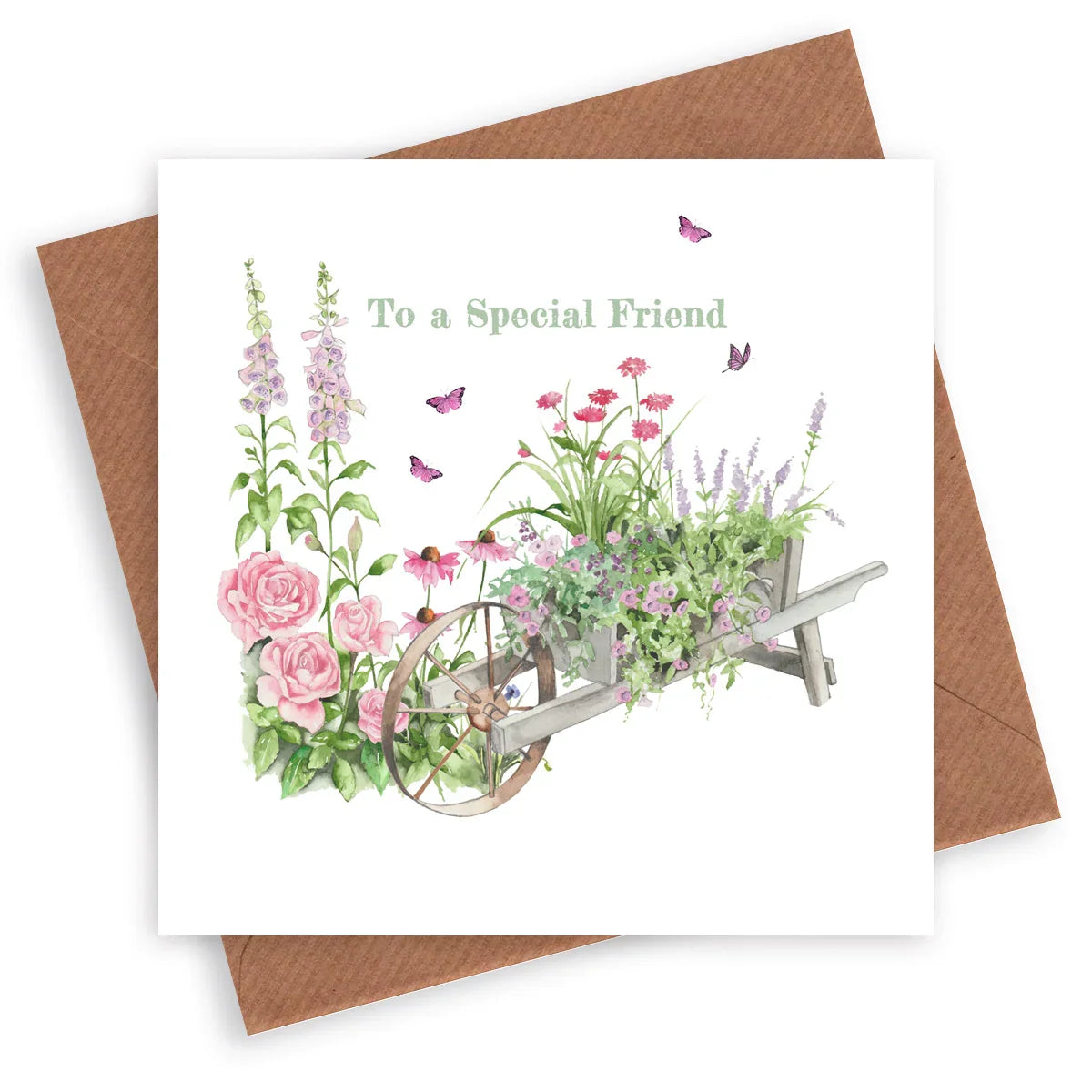 Greeting card with watercolor flowers, wheelbarrow, butterflies, and 'To a Special Friend' text.