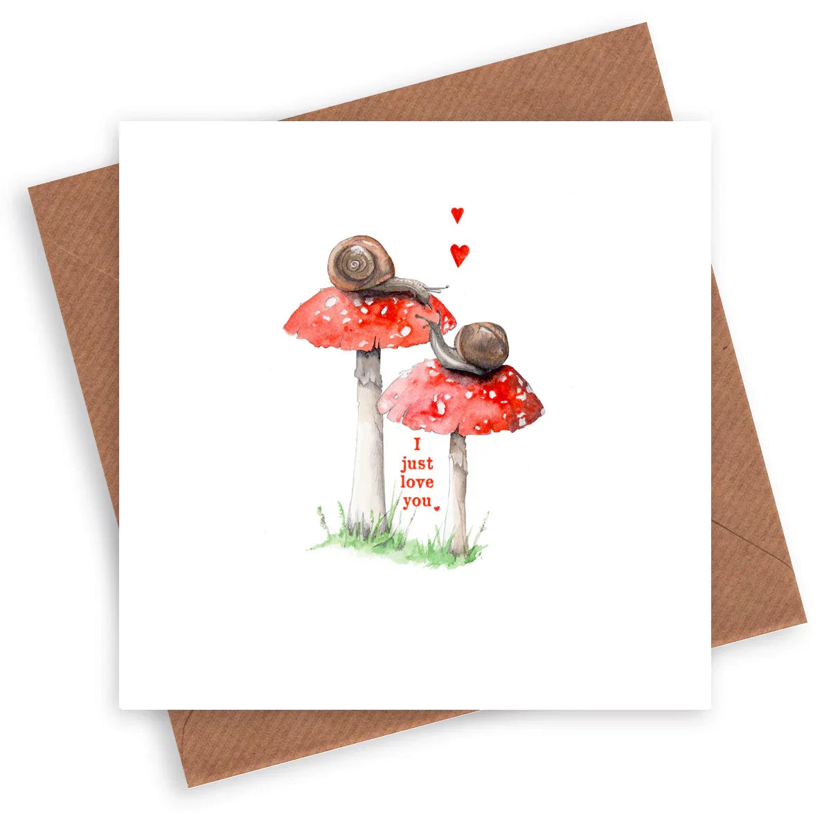 Romantic greeting card with two snails on red mushrooms, hearts, and 'I just love you' text.