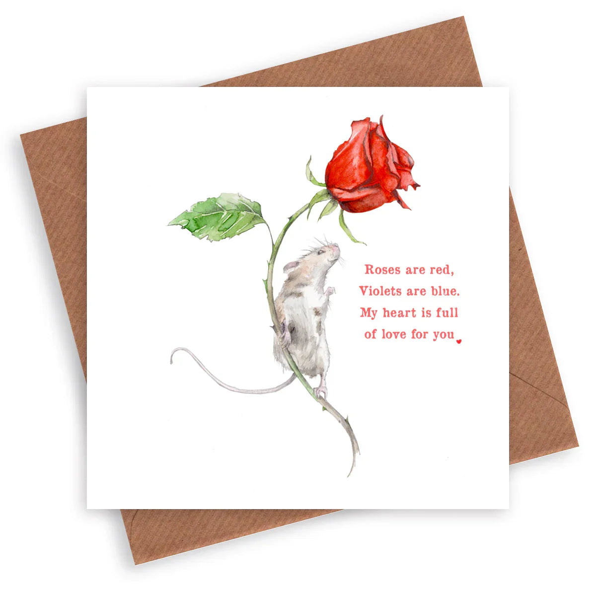 Greeting card with watercolor mouse and red rose, romantic poem printed, on brown envelope