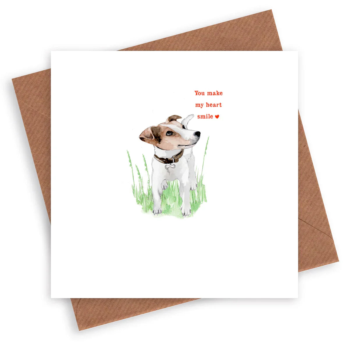 Handcrafted greeting card with Jack Russell dog illustration and 'You make my heart smile' text