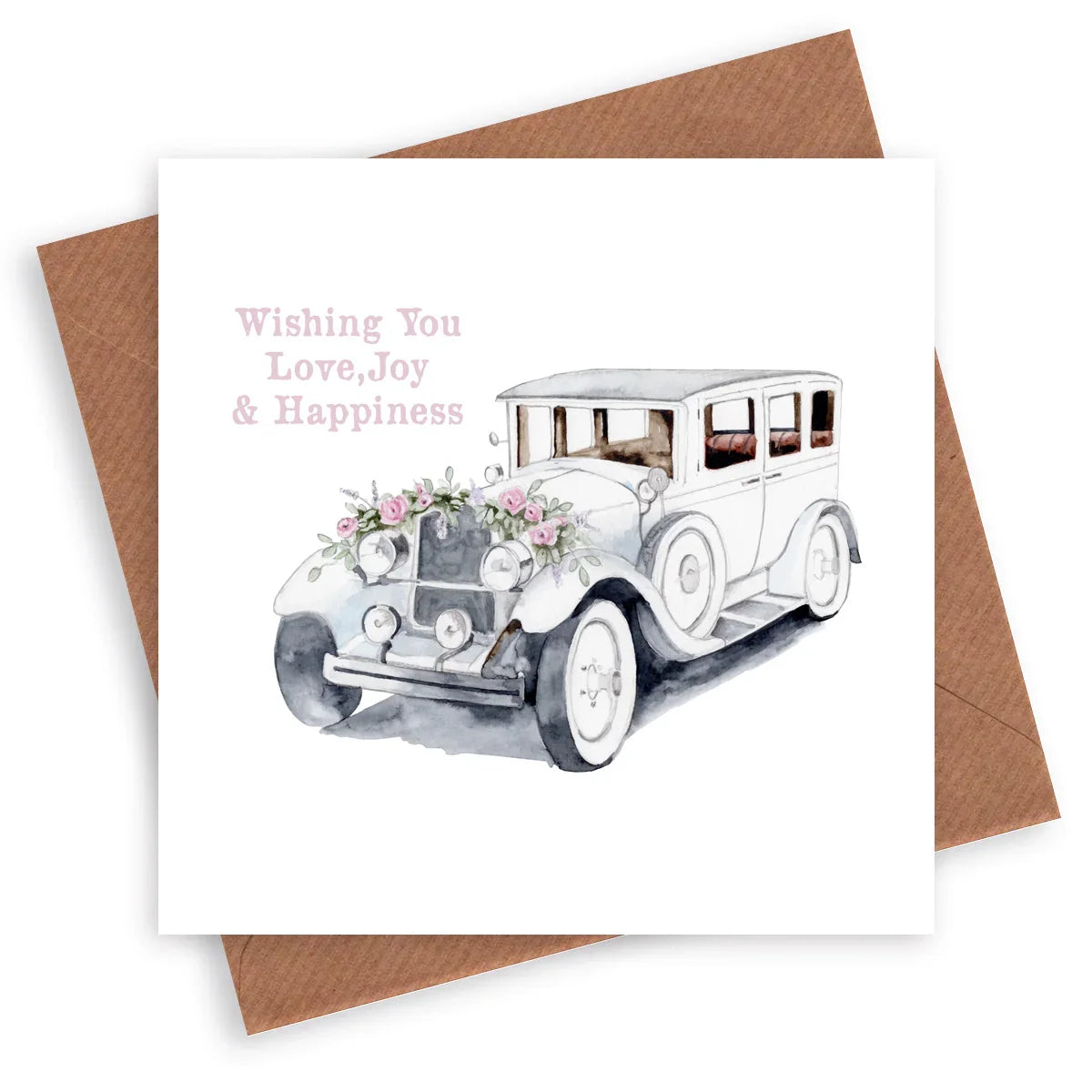 Greeting card with vintage wedding car, pink flowers, and 'Wishing You Love, Joy & Happiness'.