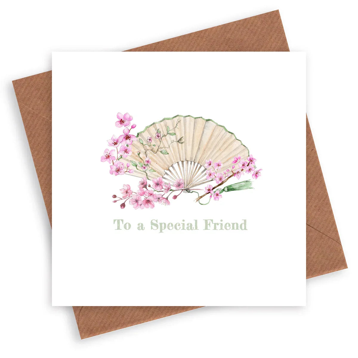Greeting card with a fan and pink cherry blossoms, text says 'To a Special Friend'.