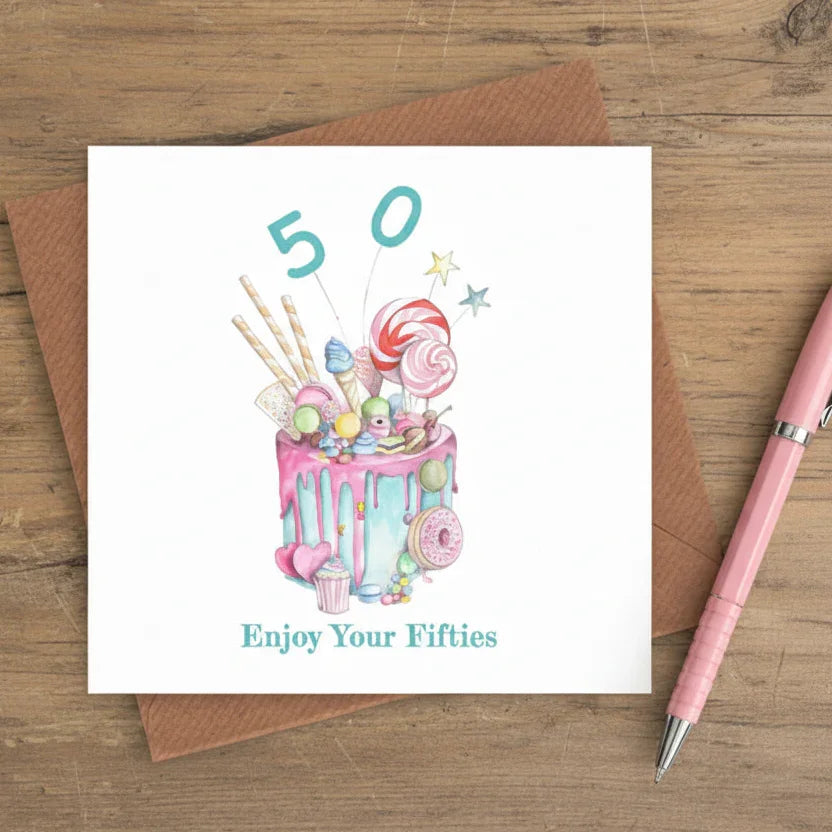 Fiftieth birthday card with colorful cake illustration and 'Enjoy Your Fifties' text