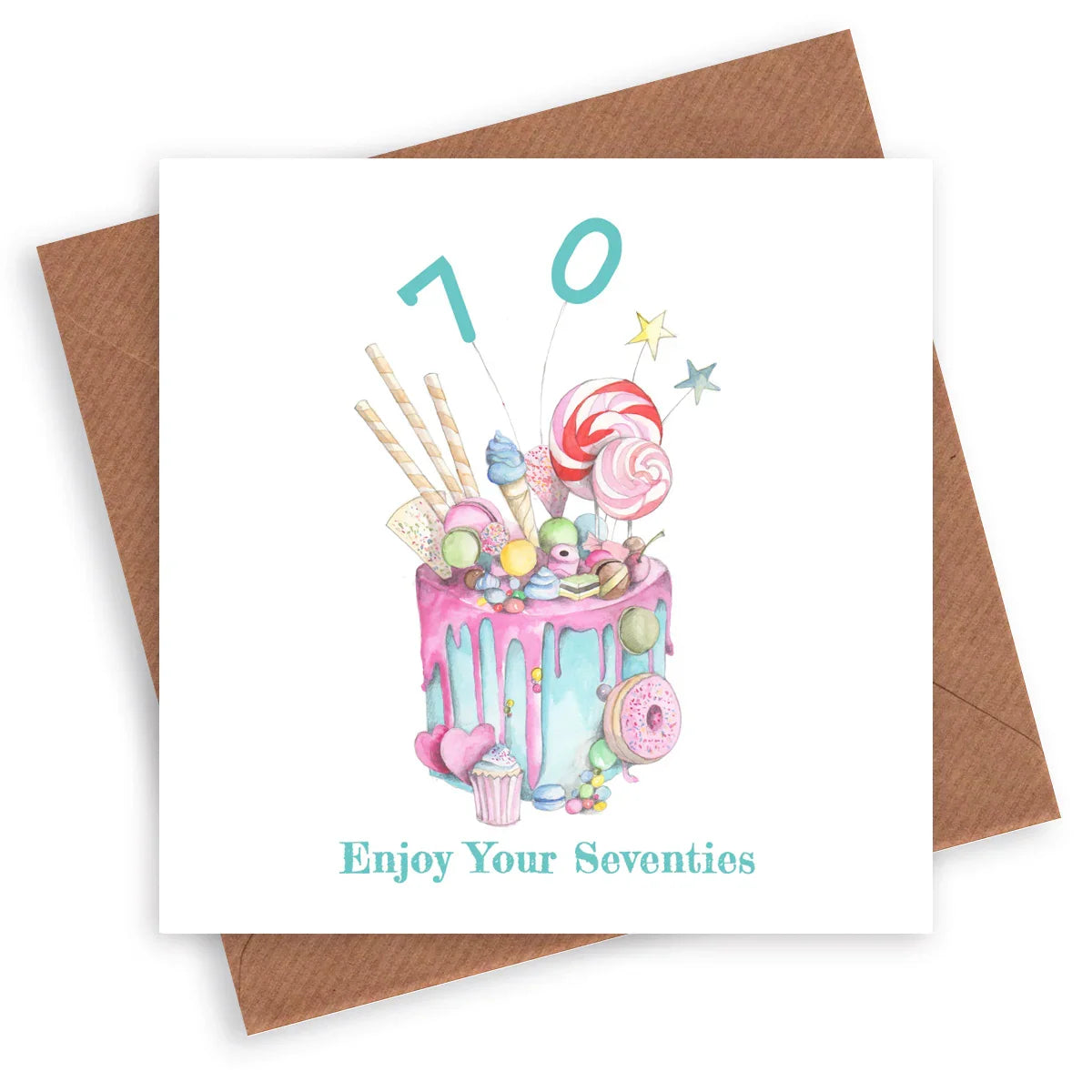 70th birthday card with colorful cake illustration, sweets, and text 'Enjoy Your Seventies'.