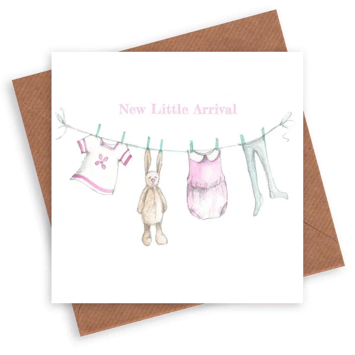 New baby greeting card with clothes and bunny soft toy on washing line, pink tones