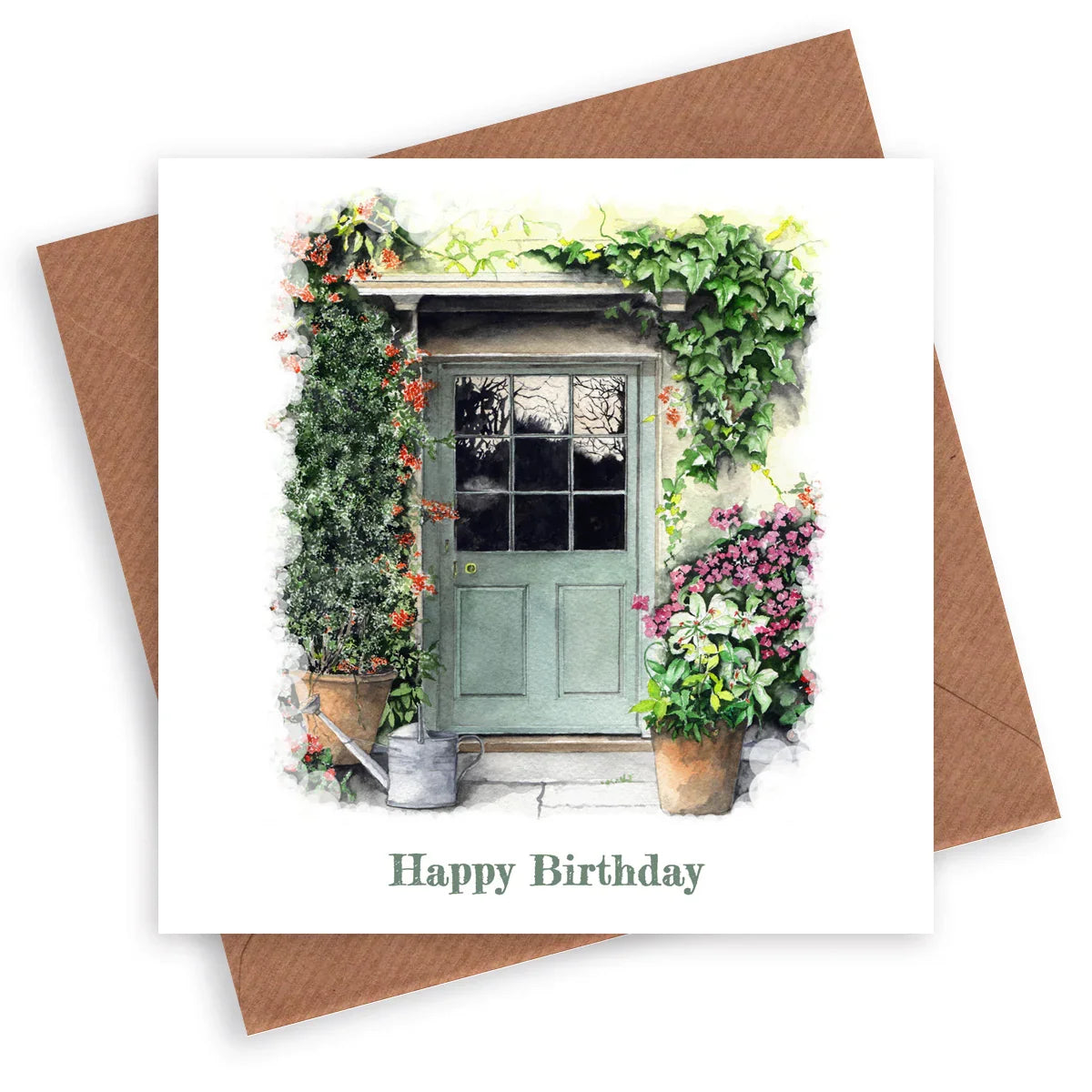 Handcrafted birthday card with green door, potted flowers, ivy, and 'Happy Birthday' text.