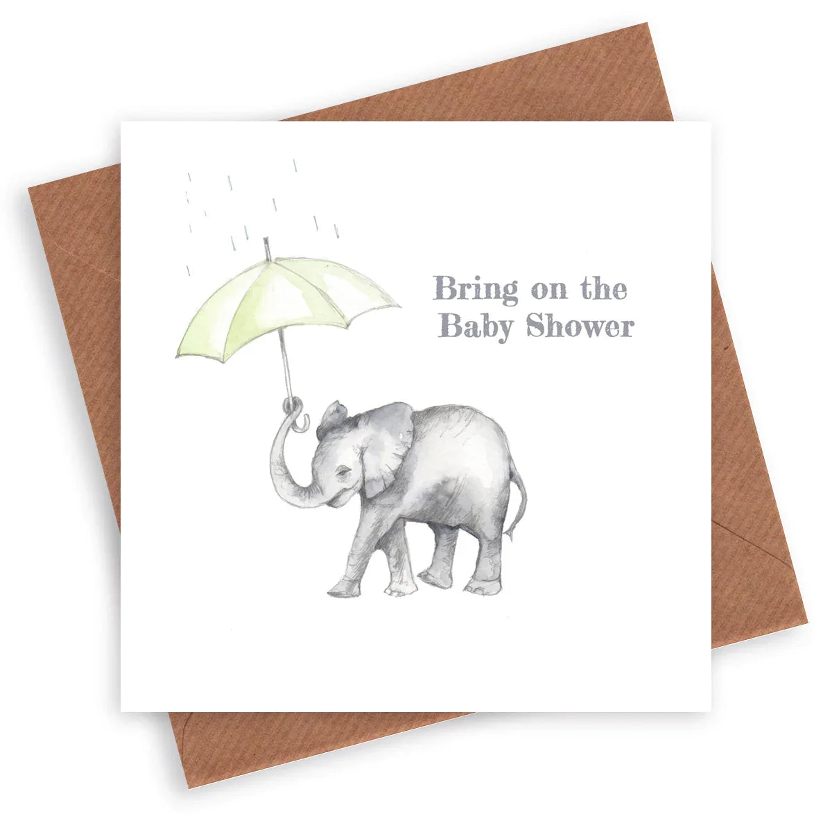 Baby shower card with watercolor elephant holding green umbrella and text 'Bring on the Baby Shower'.