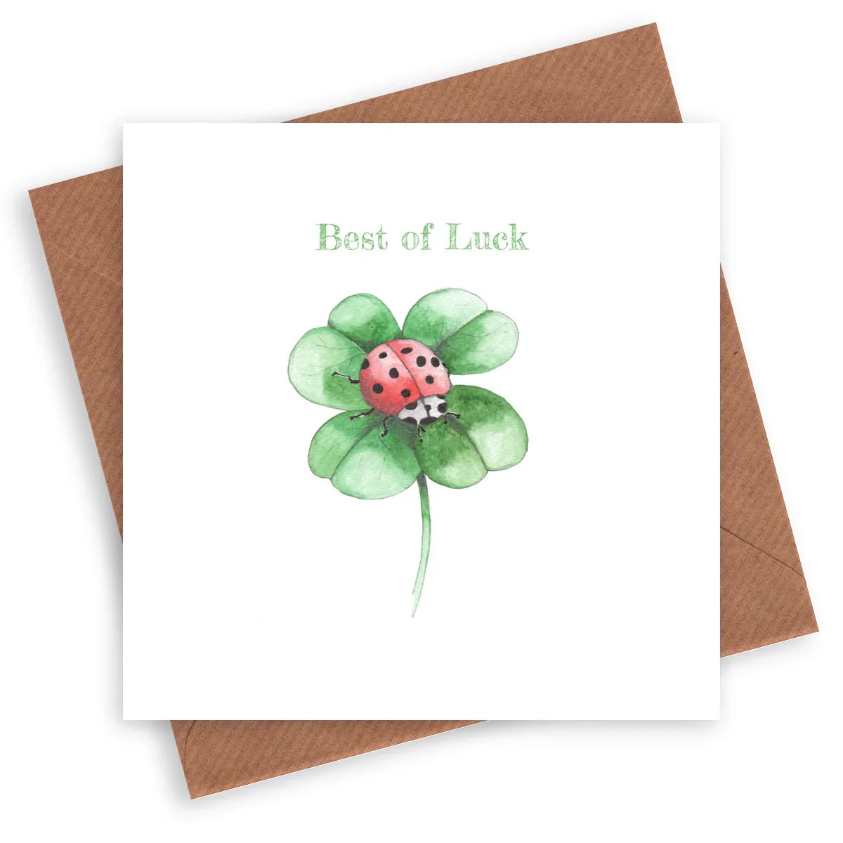 Best of Luck greeting card with watercolor ladybird on four-leaf clover, brown envelope