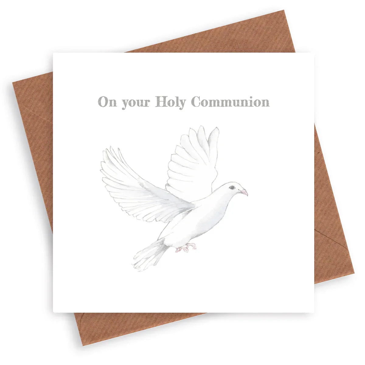 Holy Communion card with white dove illustration and brown envelope