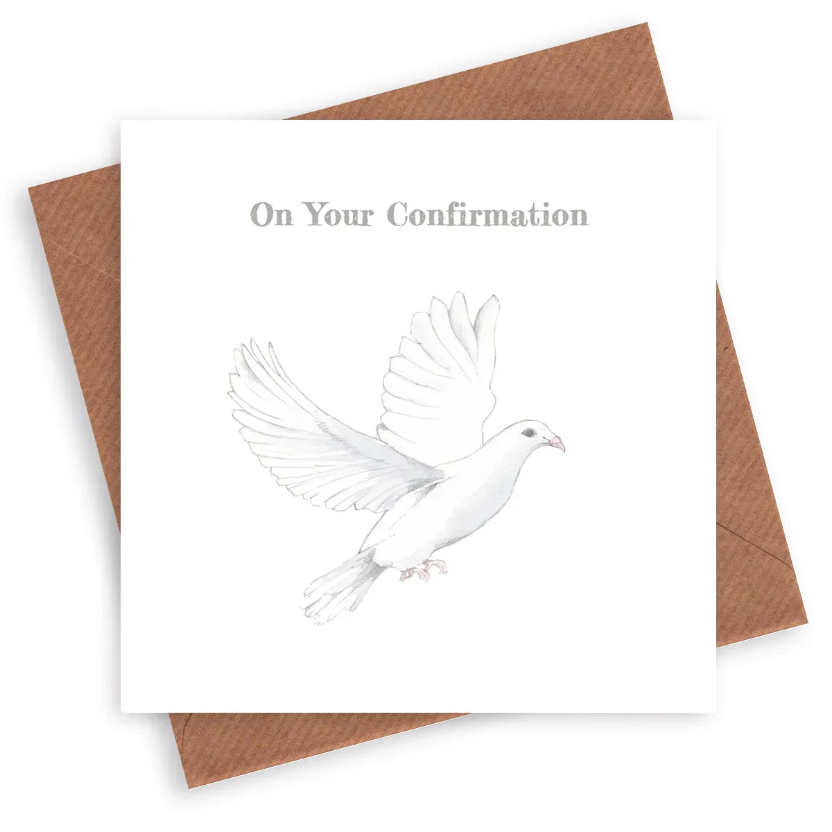 Confirmation card with illustrated white dove and brown kraft envelope