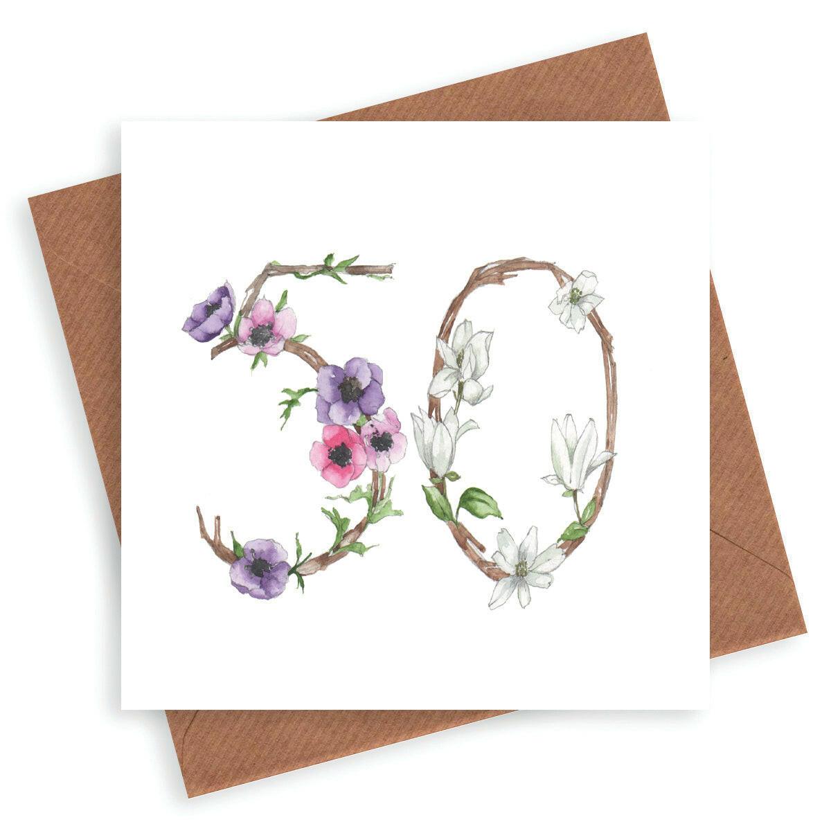 Premium Floral 50th Birthday Card for Her - Hand Finished Milestone Greeting Card - Crumble and Core