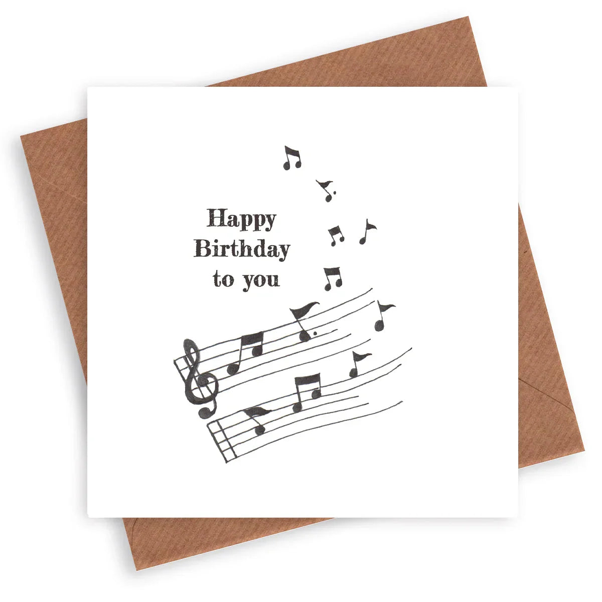 Happy birthday card with musical notes and stave on white background, brown envelope