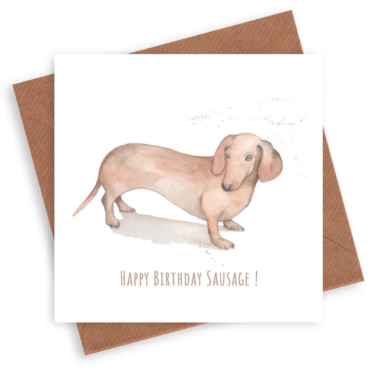 Handmade birthday card featuring a watercolor dachshund and 'Happy Birthday Sausage' text.