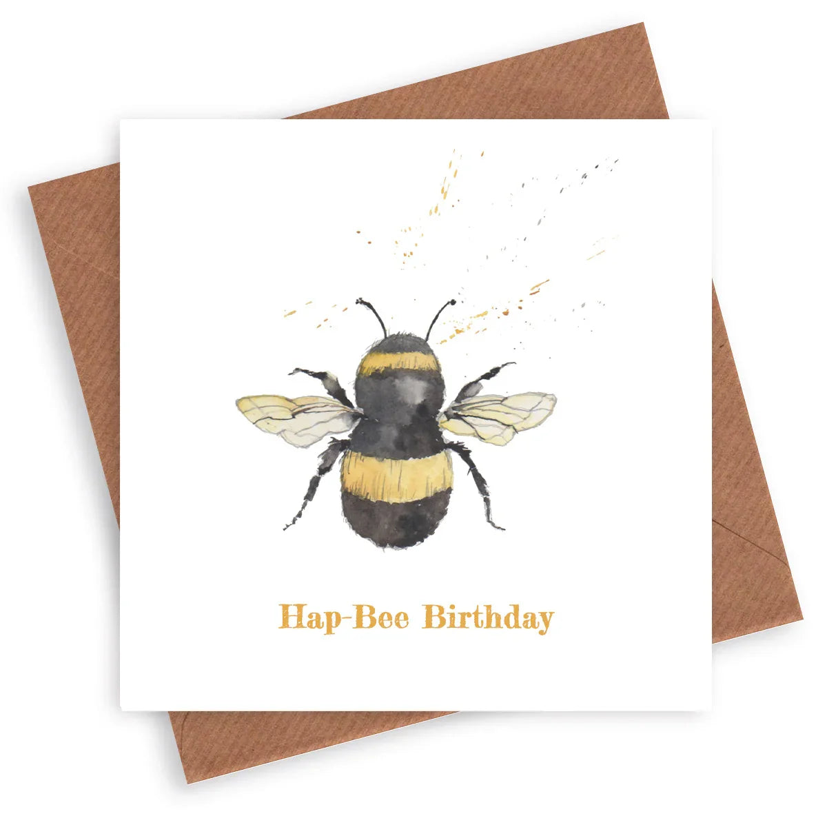 Handcrafted birthday card with watercolor bumblebee and 'Hap-Bee Birthday' text