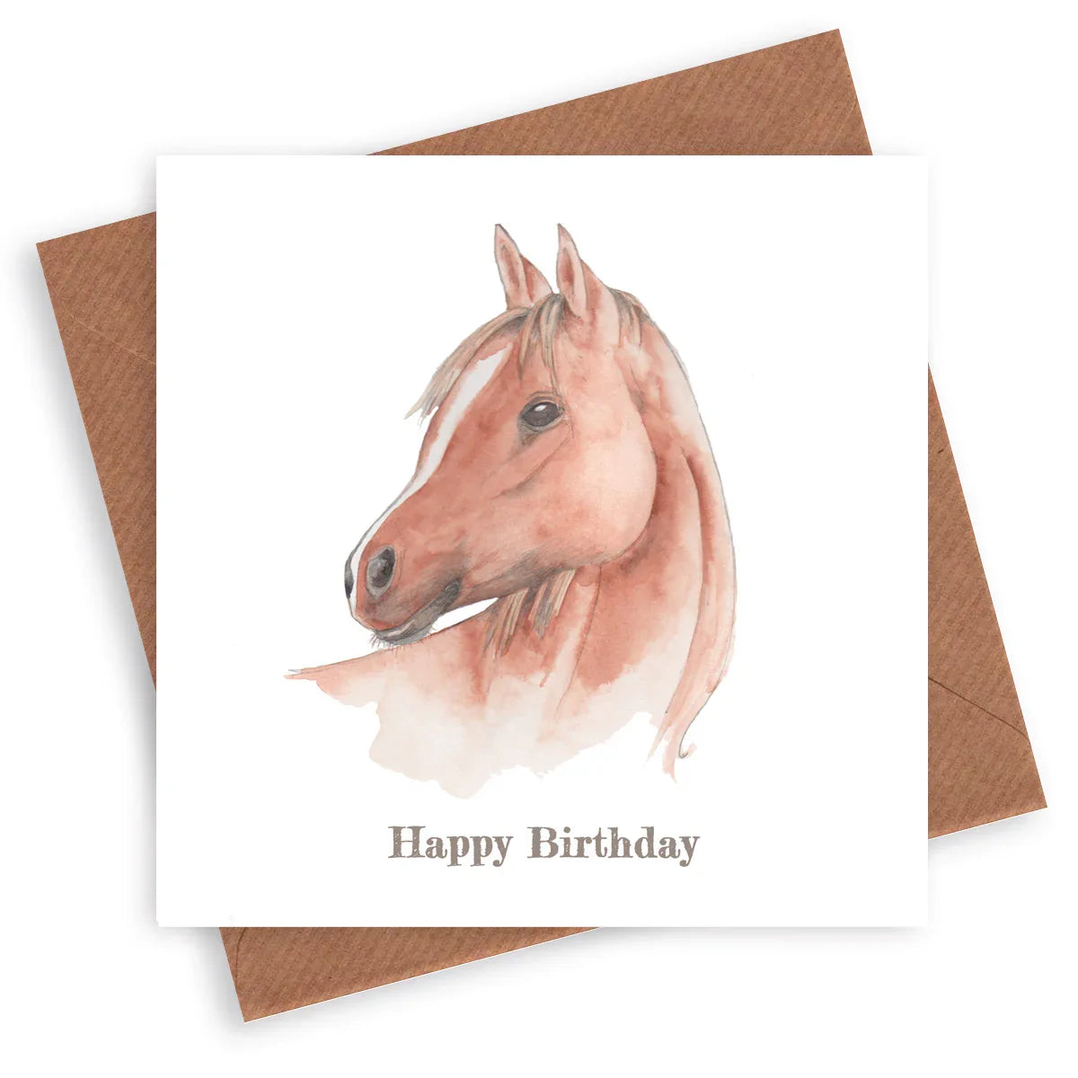 Watercolor horse illustration on birthday card with brown envelope