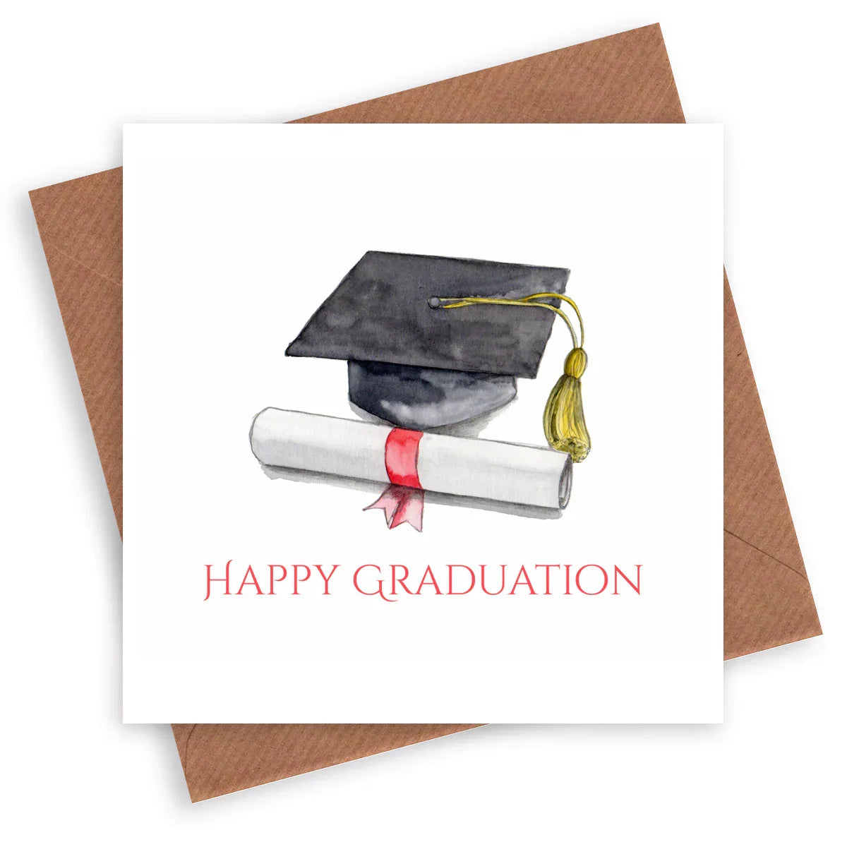 Graduation card with mortarboard, diploma, and 'Happy Graduation' text on a white background