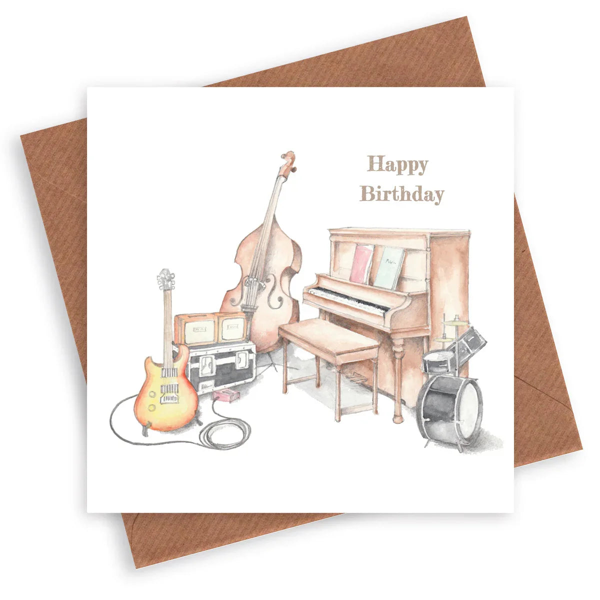 Birthday card with watercolor illustrations of piano, electric guitar, double bass, drum, amplifiers, and sheet music.