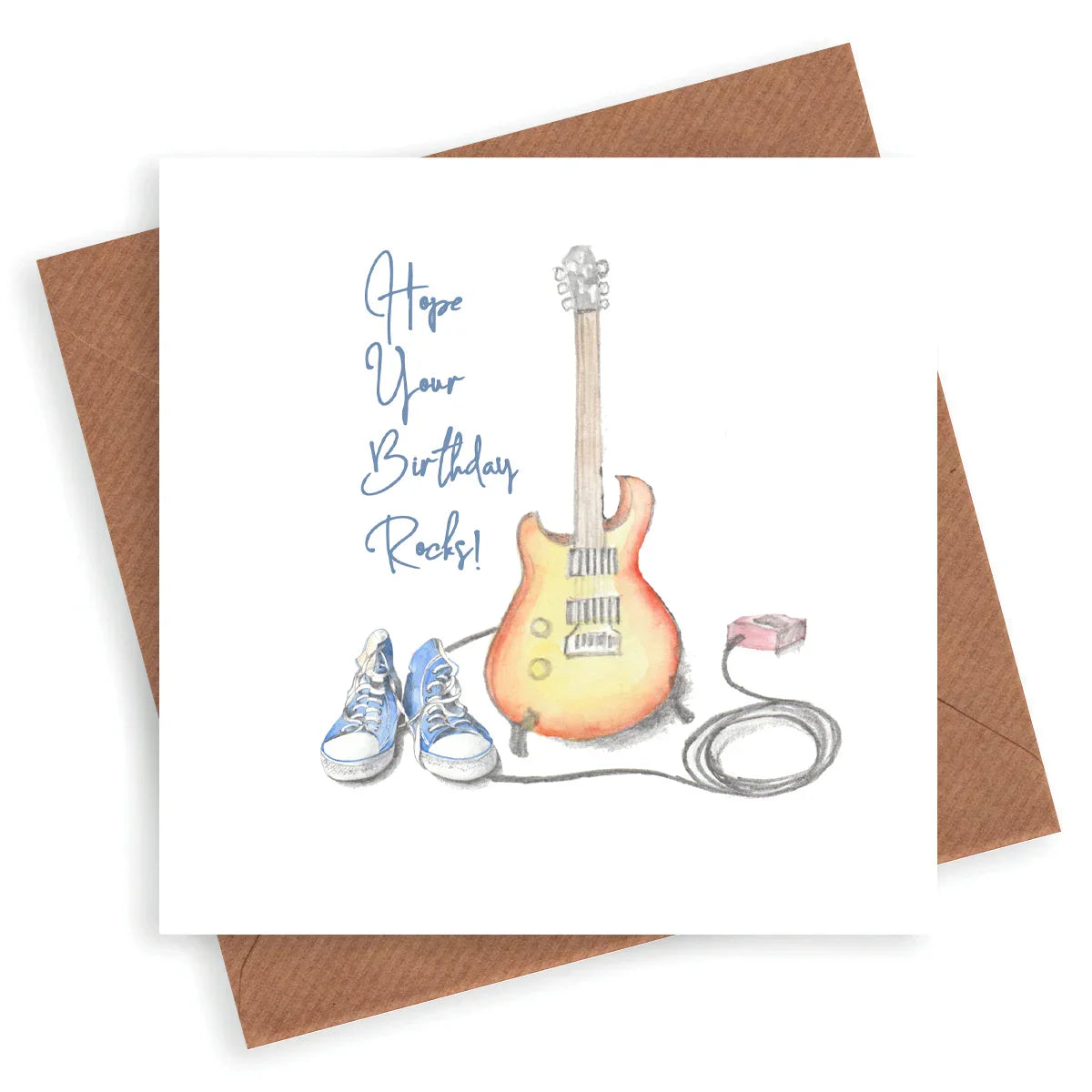 Birthday card with electric guitar, blue sneakers, pedal and 'Hope Your Birthday Rocks!' text