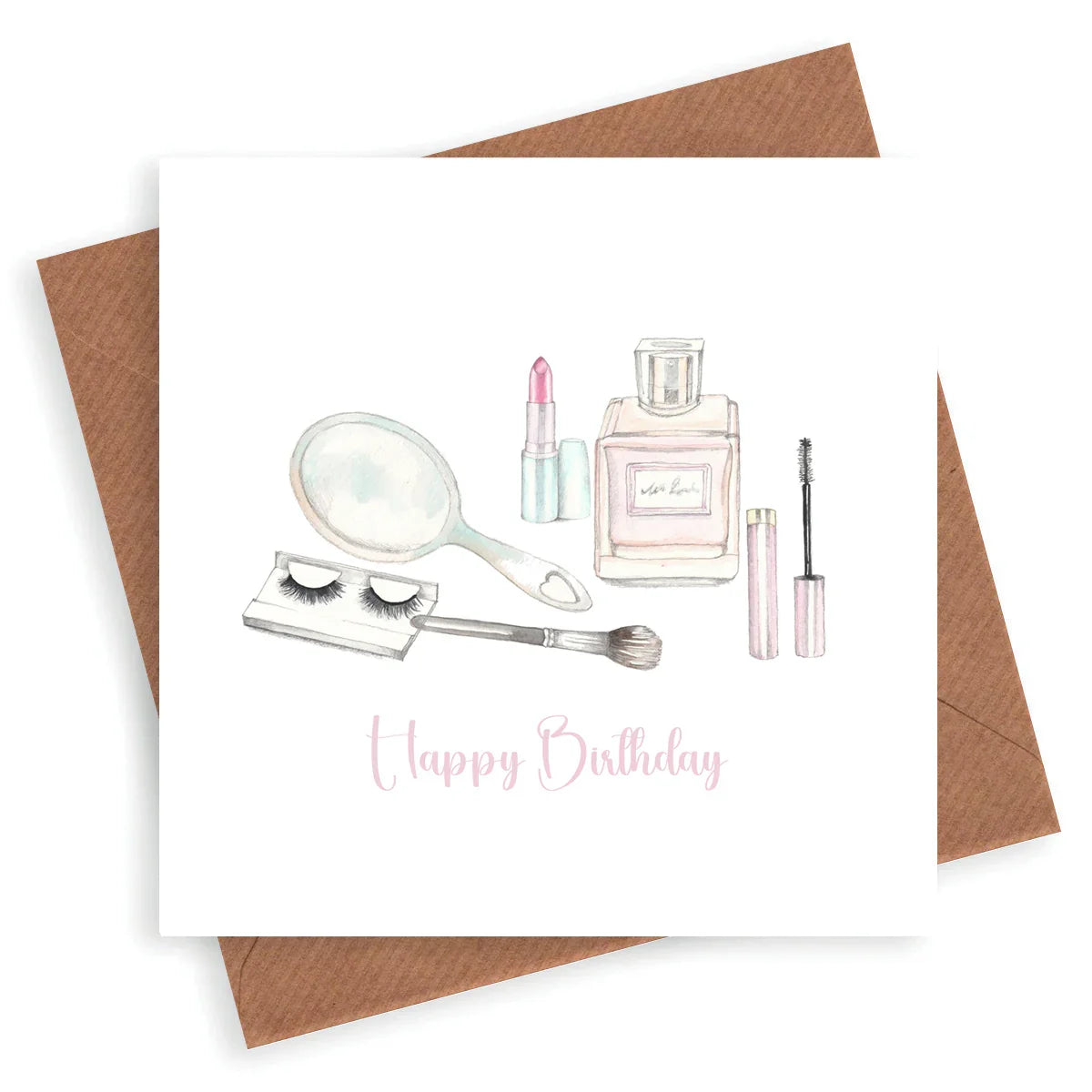 Birthday card featuring hand-drawn makeup items, perfume, lipstick, and greeting text