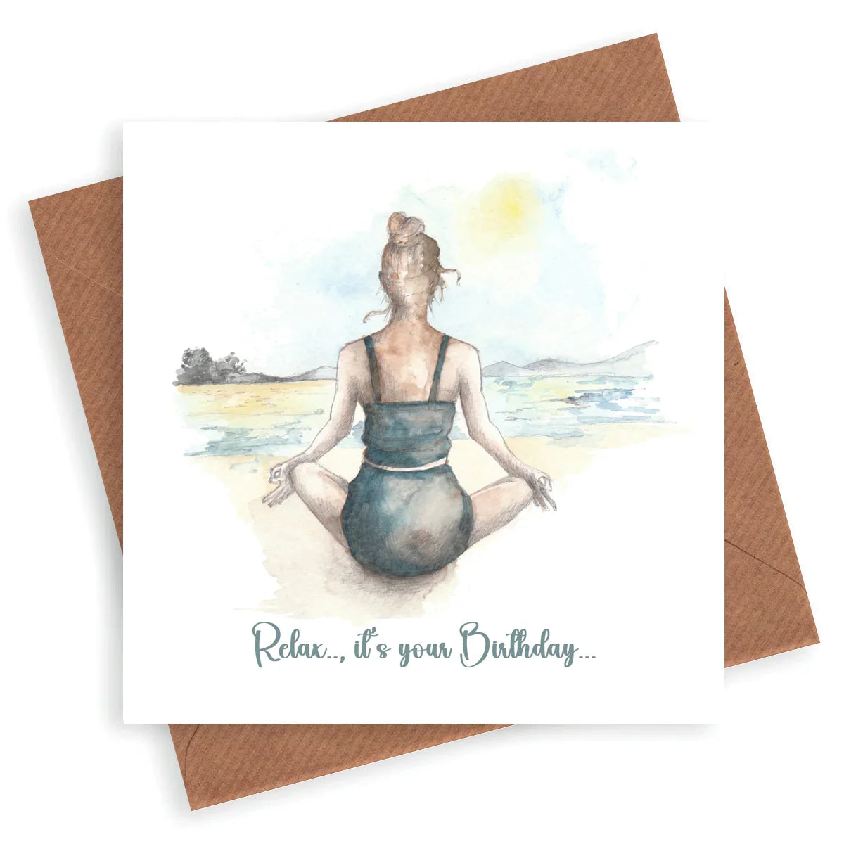 Watercolor birthday card showing woman meditating on beach with 'Relax, it's your Birthday' text.
