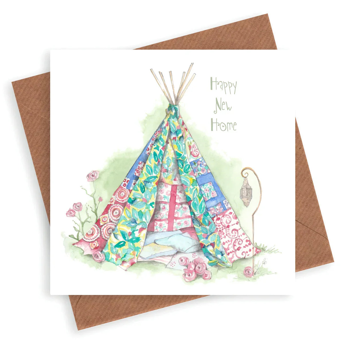 Happy New Home card with colorful patchwork tent, flowers, and lantern illustration.