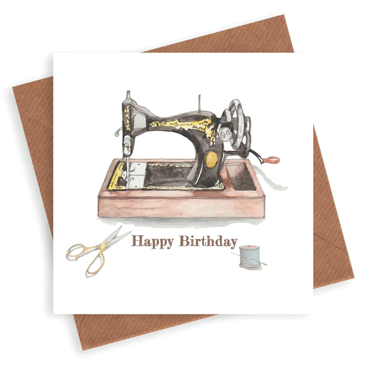 Vintage sewing machine illustrated birthday card with scissors and thread spool