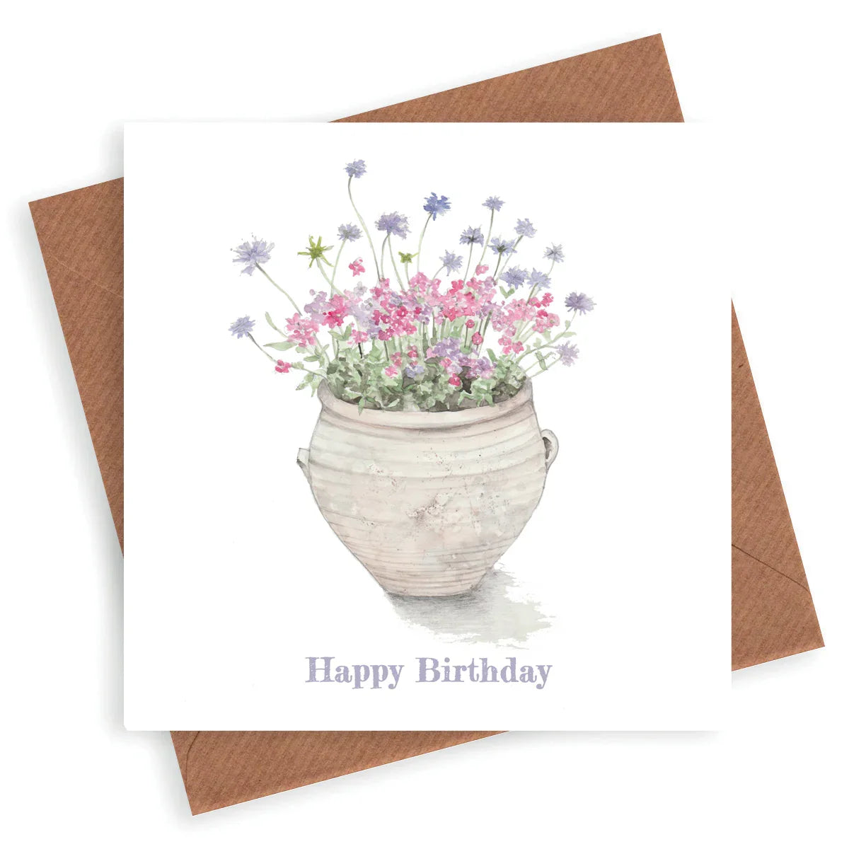 Handcrafted birthday card with watercolor flowers in a vase and 'Happy Birthday' text
