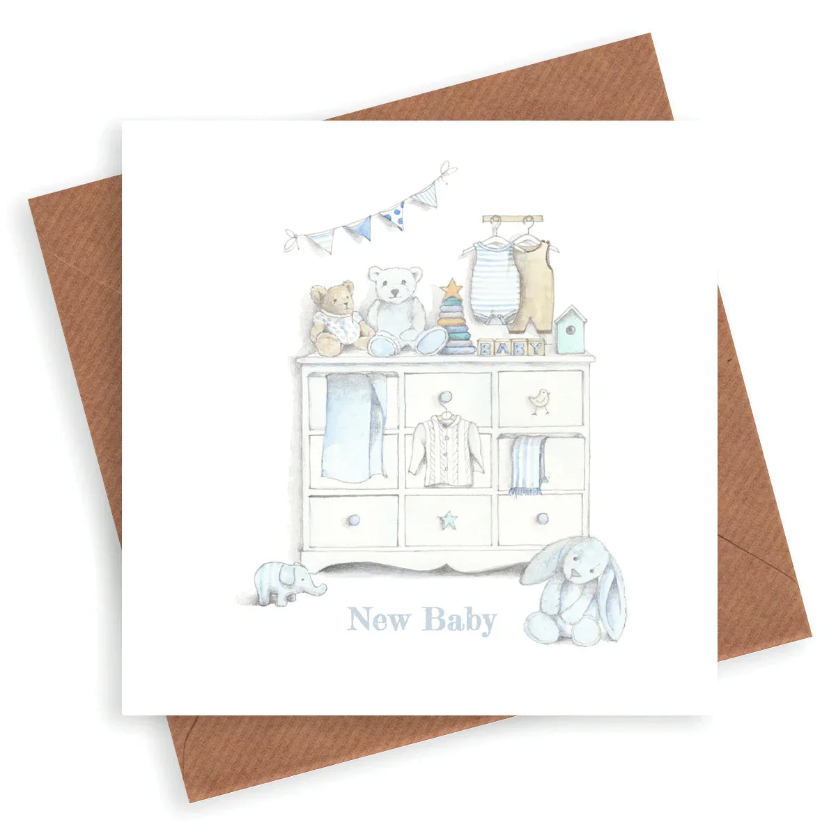New baby greeting card with pastel nursery illustration, soft toys, and baby clothes on dresser.