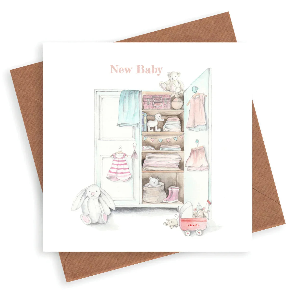 New baby greeting card with watercolor nursery wardrobe, toys, pink clothes, and bunny illustration
