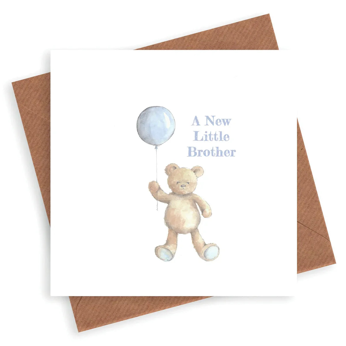 New baby brother card with teddy bear holding blue balloon on white background