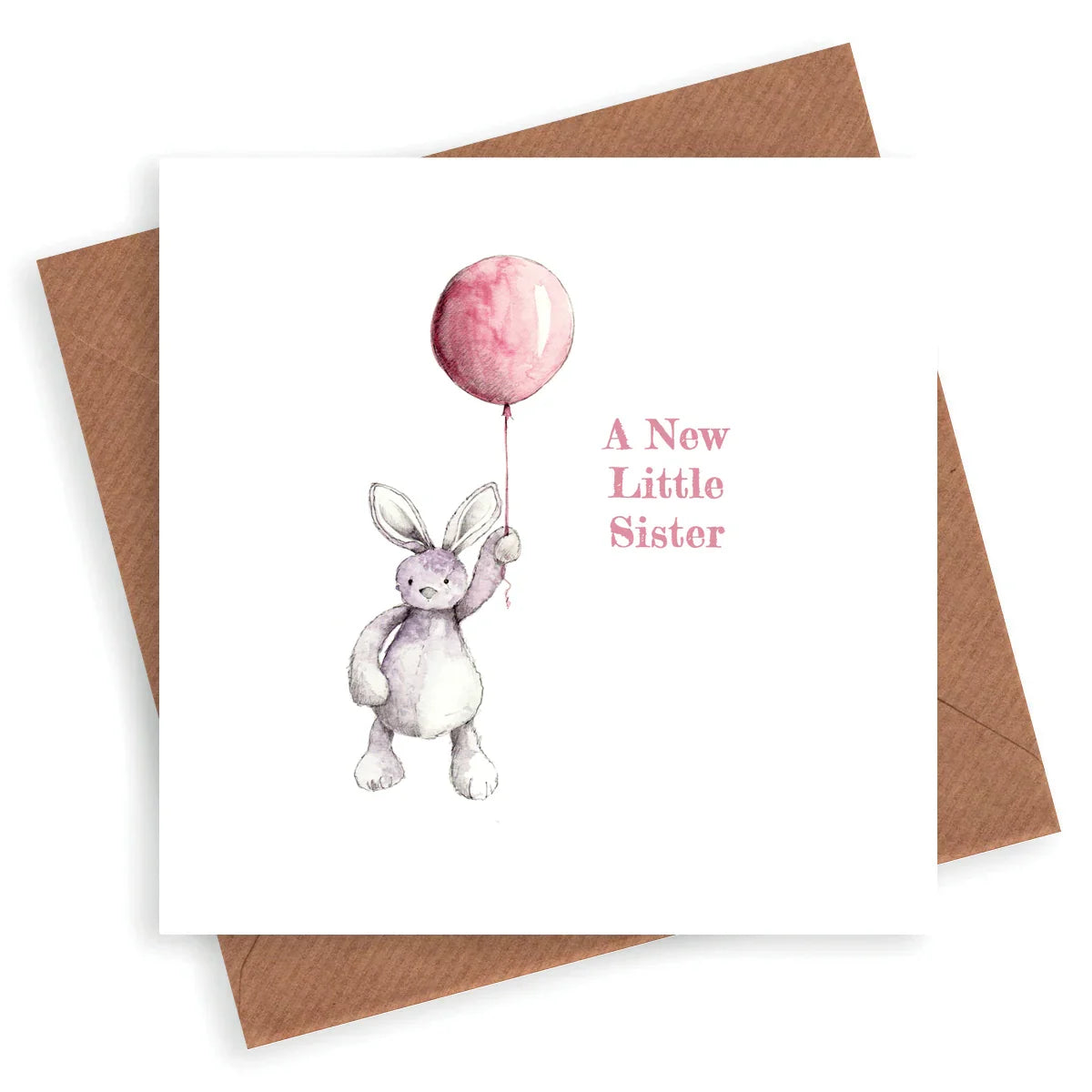 Greeting card with a watercolor bunny holding a pink balloon and 'A New Little Sister' text.
