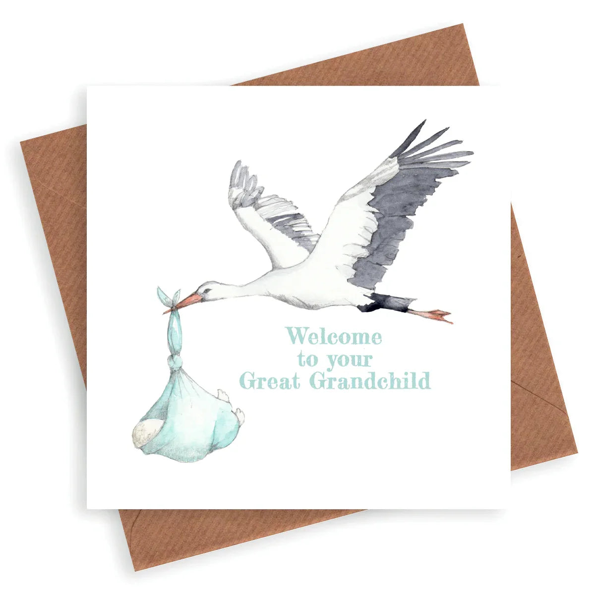 Greeting card with watercolor stork carrying baby bundle, text 'Welcome to your Great Grandchild'.