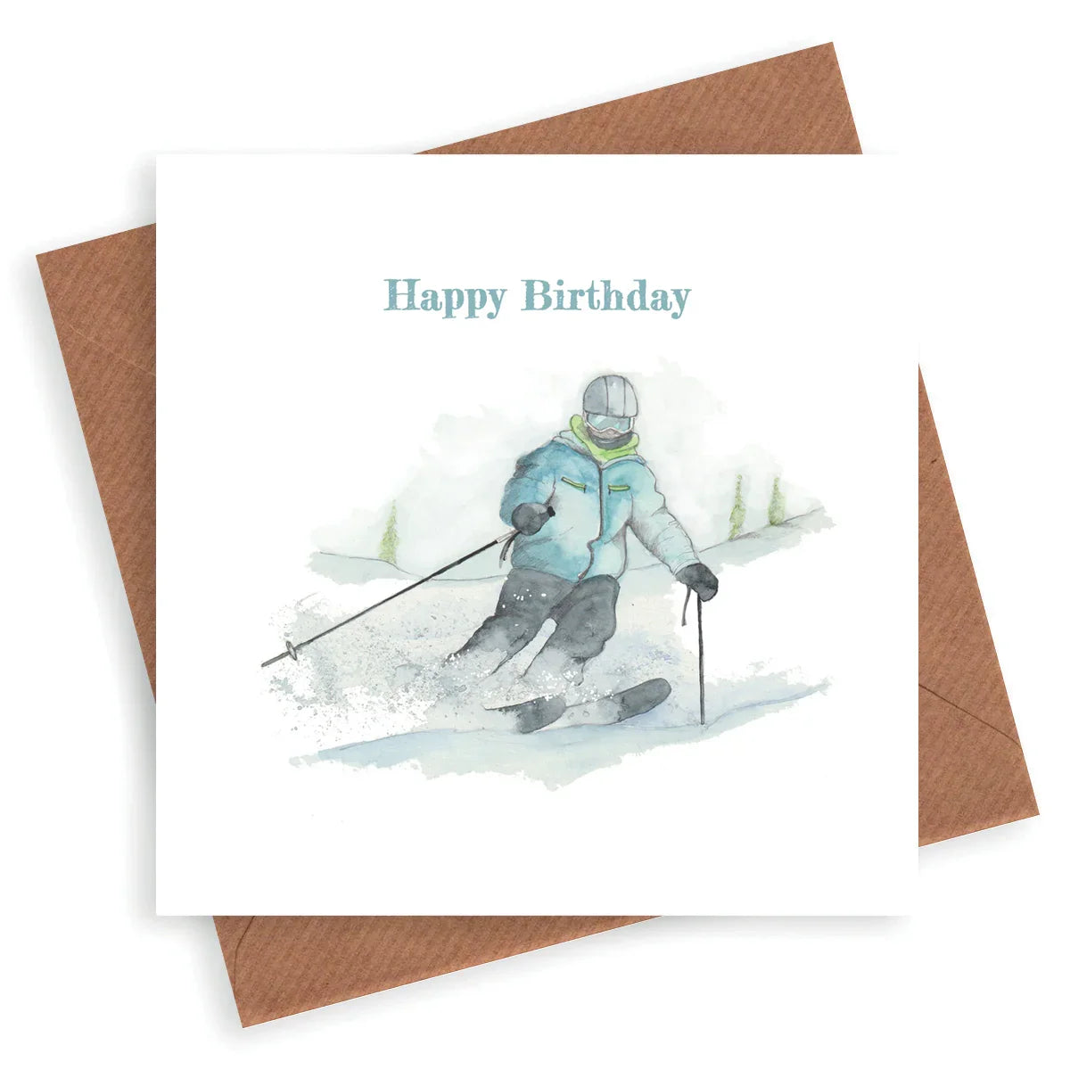 Birthday card with watercolor skier in blue jacket on snowy slope and Happy Birthday text