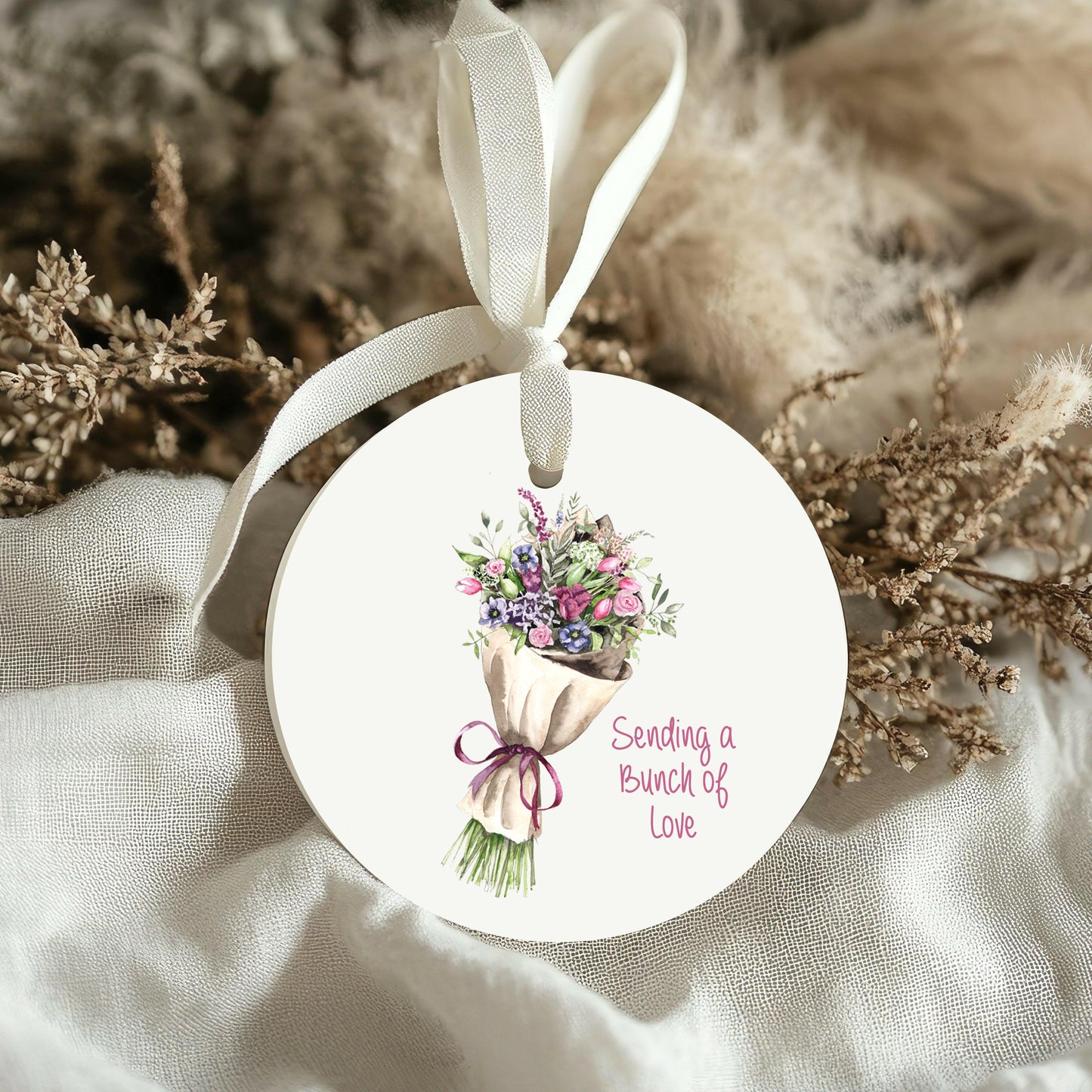 Floral gift tag with bouquet illustration and 'Sending a Bunch of Love' text on linen