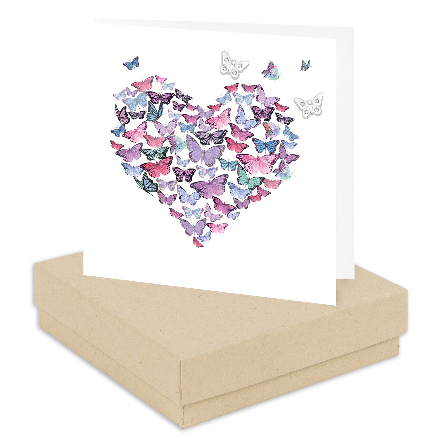 Tarjeta de pendiente de corazón de mariposa en caja