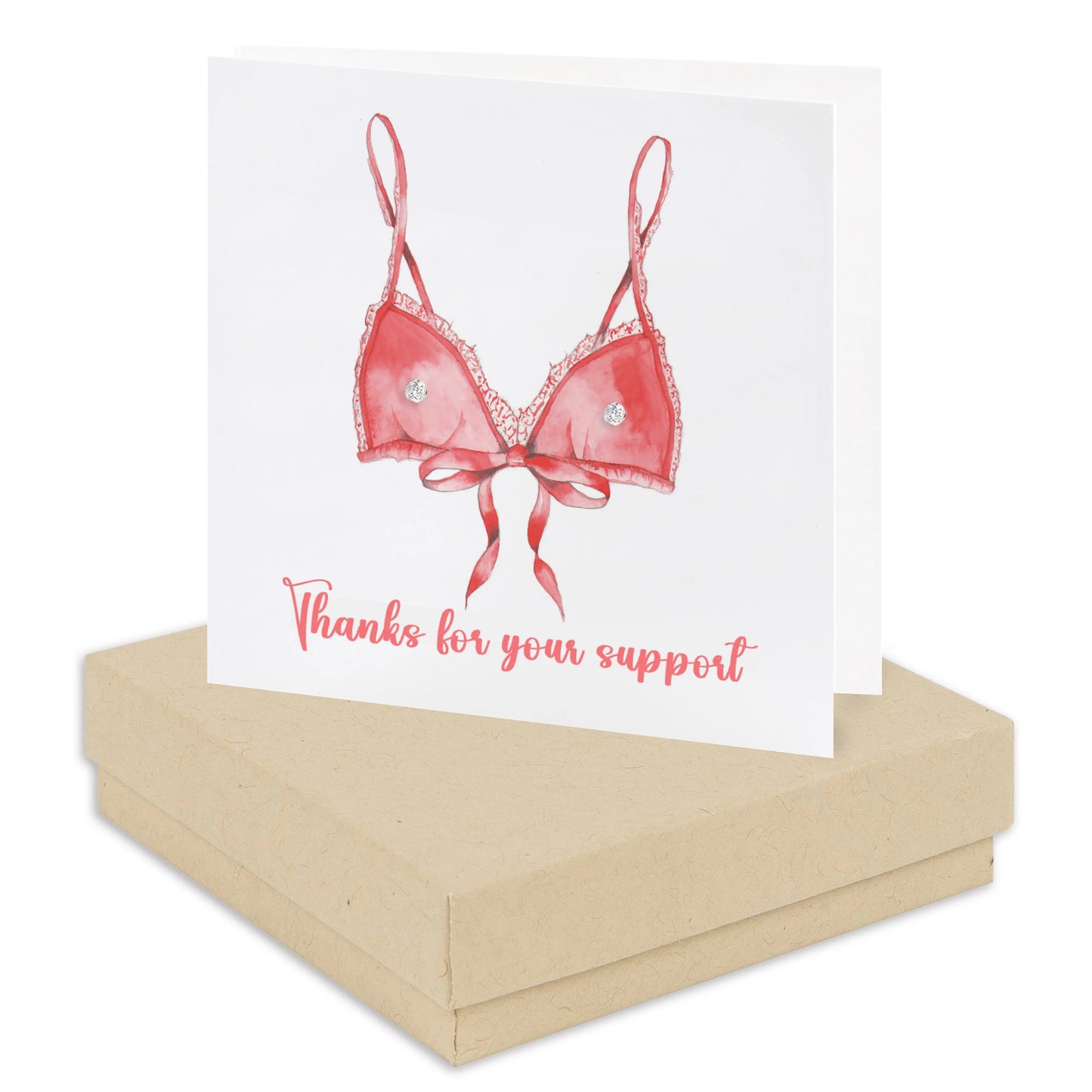 Greeting card with pink bra illustration and 'Thanks for your support' text, on a kraft box.