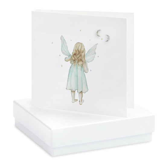Sterling Silver Moon Stud Earrings with Crystals with a Fairy Card - Unique Whimsical Boxed Gift for Her - Crumble and Core