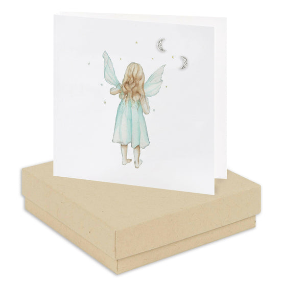 Sterling Silver Moon Stud Earrings with Crystals with a Fairy Card - Unique Whimsical Boxed Gift for Her - Crumble and Core