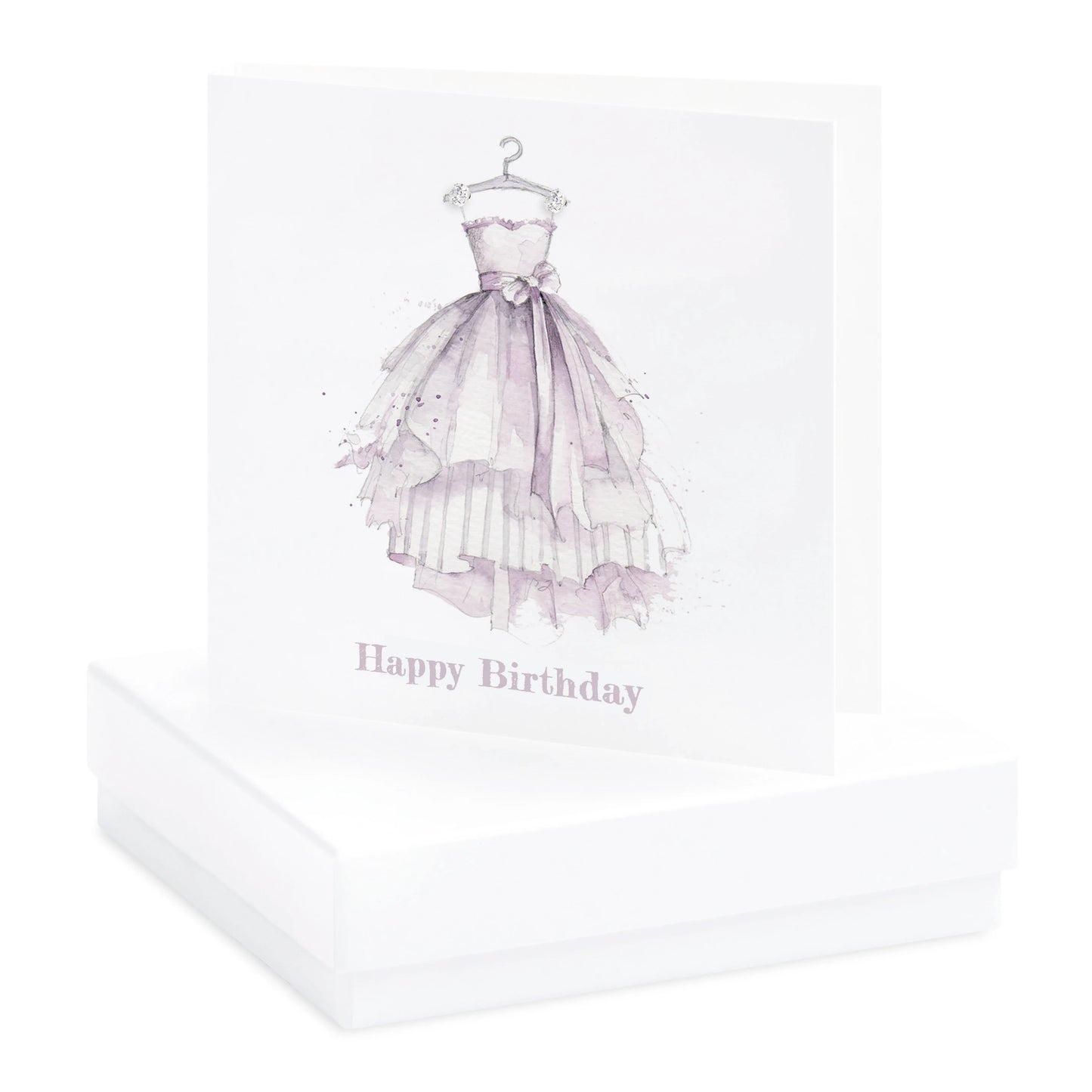 Handcrafted birthday card with watercolor dress illustration on white gift box.