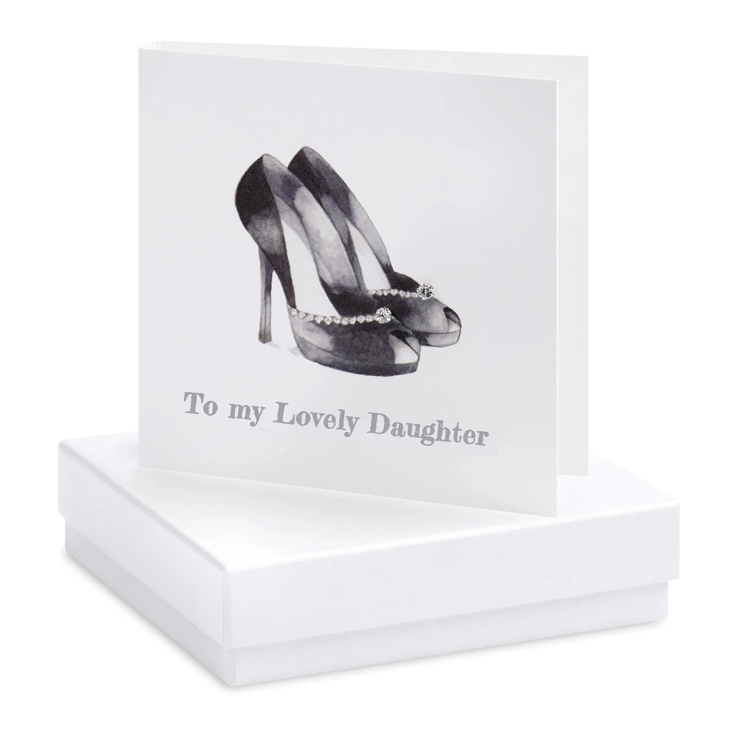 Handcrafted daughter greeting card with high heel shoes illustration and gem embellishment