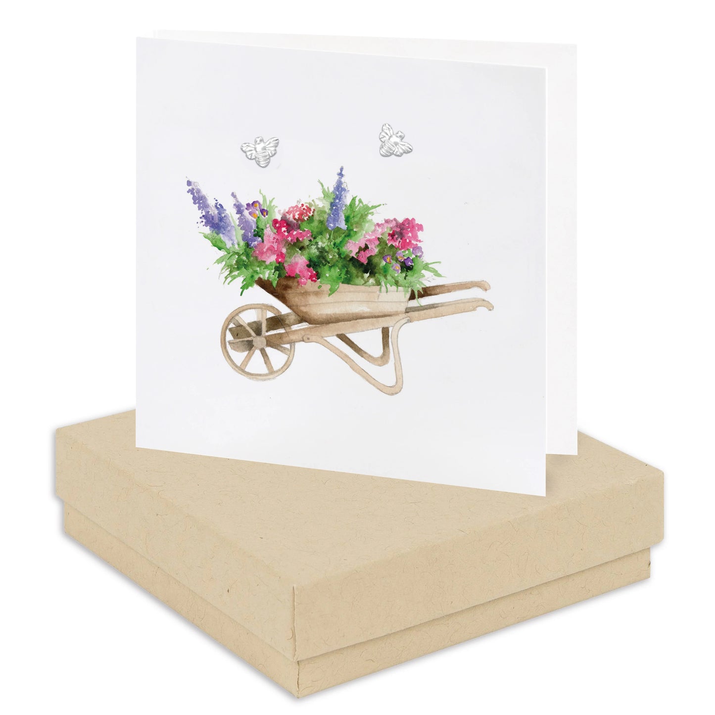 Greeting card with watercolor wheelbarrow of flowers and bees on kraft gift box