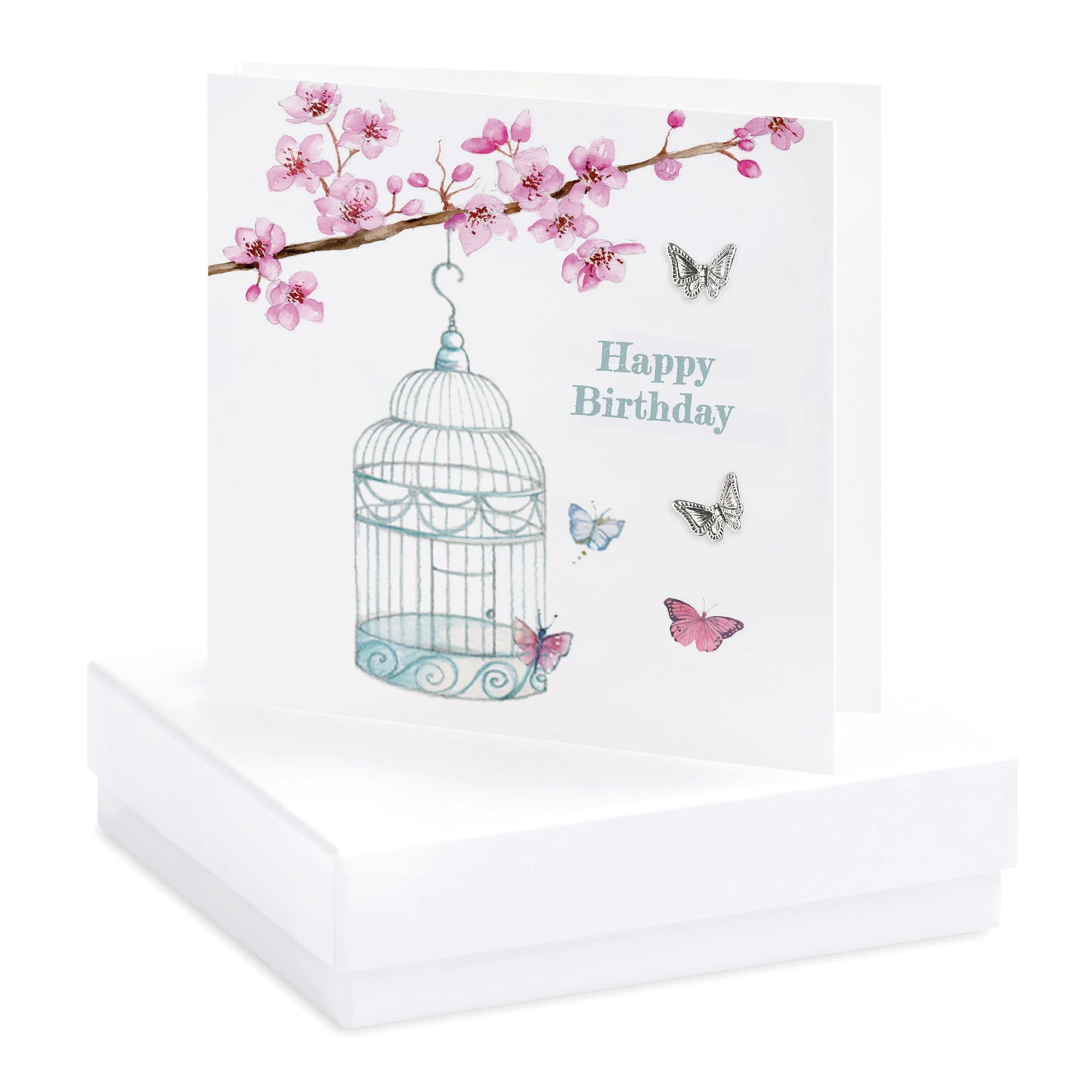 Happy Birthday card with birdcage, butterflies, and pink cherry blossom branch on gift box