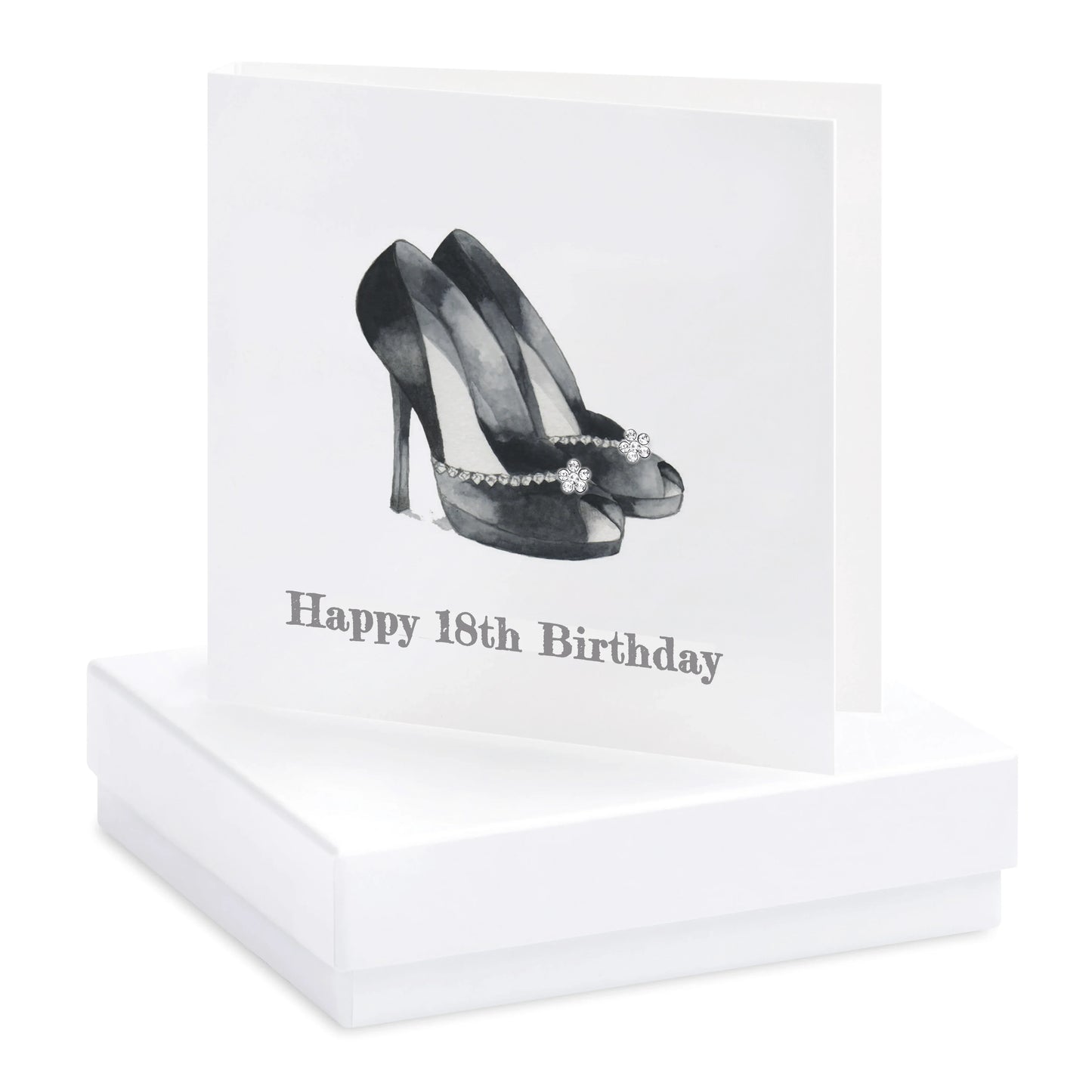 18th birthday card with black high heels and jeweled flower detail on a white gift box