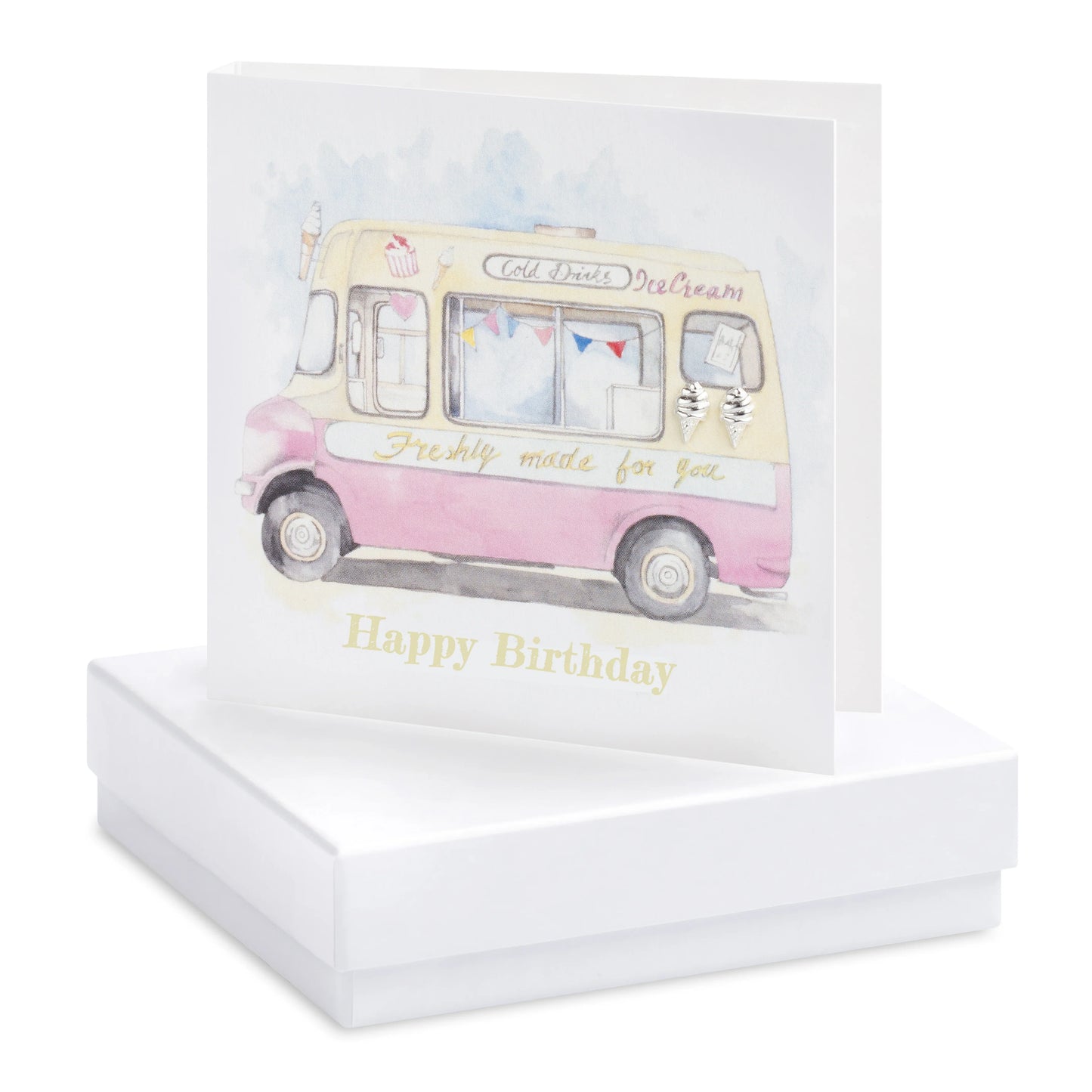 Handcrafted happy birthday card with pink ice cream van and silver heart earrings, gift boxed