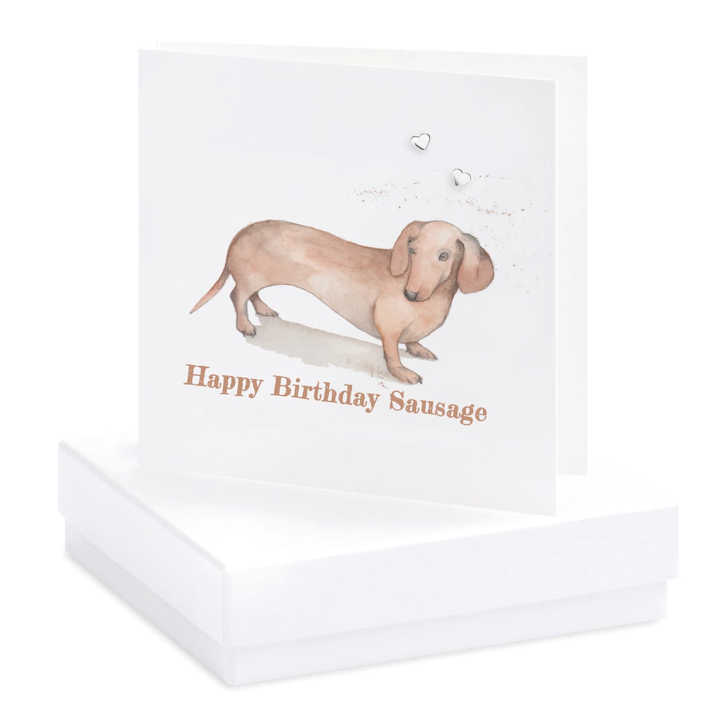Happy Birthday Sausage dog card with dachshund illustration and small gift box