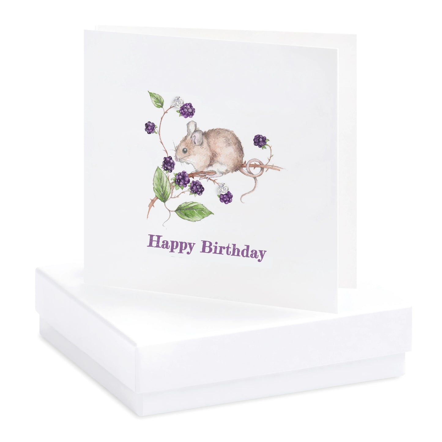 Handcrafted birthday card with mouse and blackberry illustration, displayed on white box.