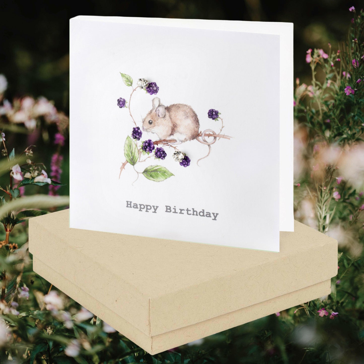 Sterling Silver Stud Earrings in Gift Box with Hand Finished Mouse Birthday Card - Crumble and Core