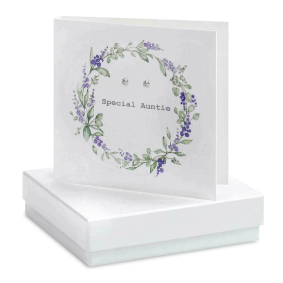 Sterling Silver Stud Earrings with Lavender Wreath Card for Special Auntie in Gift Box - Crumble and Core